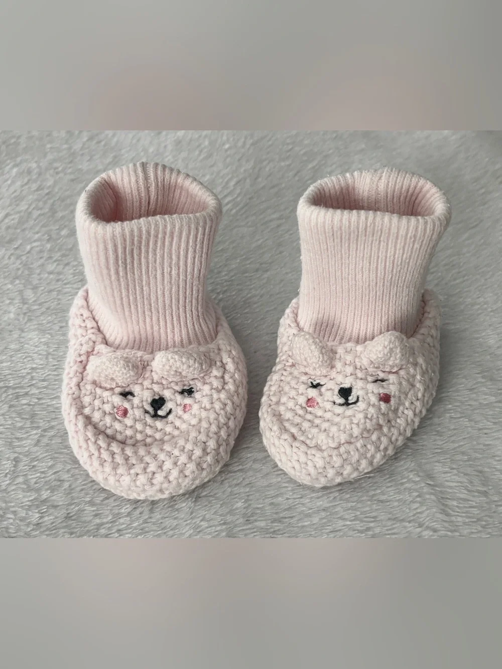 Soft Pink Knit Baby Booties with Cute Bear Face